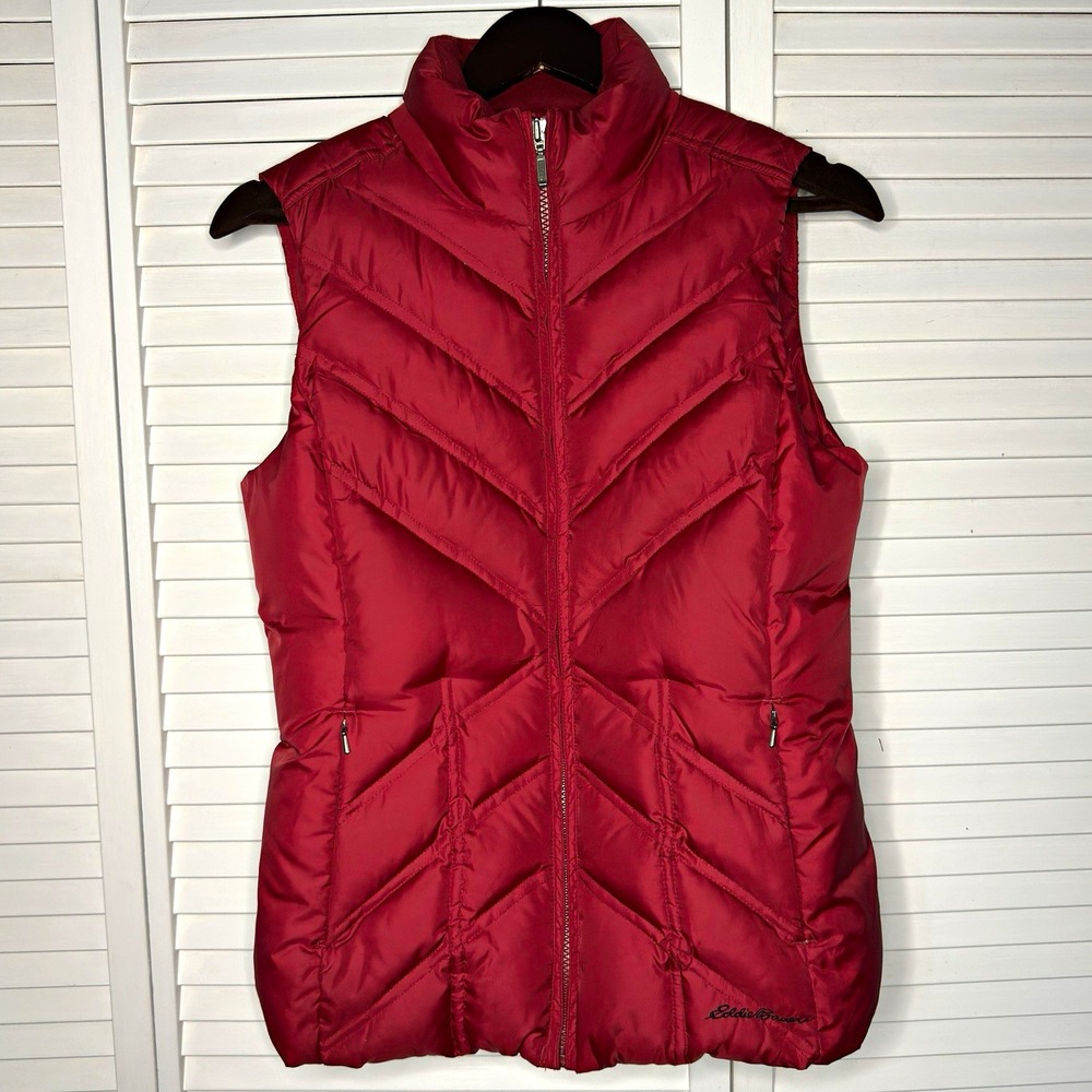 Vintage Eddie Bauer Goose Down Puffer Vest Womens Small Red Chevron Quilted